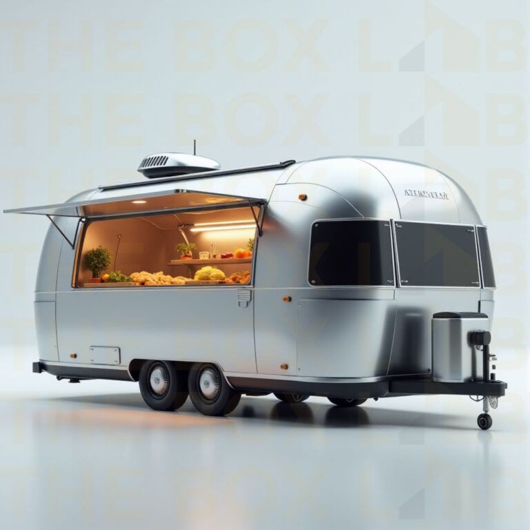 Airstream-inspired food trailer with side service window and brand signage